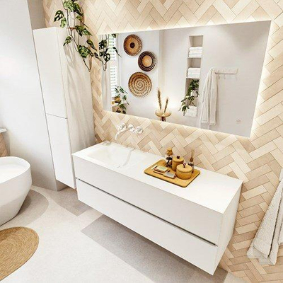 VICA Meuble de salle de bains 140cm sous-meuble Talc 2 tiroirs. Lavabo CLOUD gauche sans trou de robinet, couleur Talc.