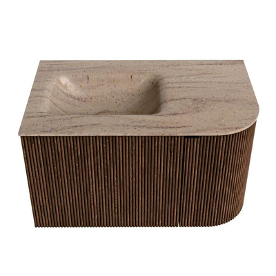 MONDIAZ KURVE-DLUX 75cm badmeubel ronding Rechts kleur Walnut met 1 lade en 1 deur. Wastafel GRUNNE Links 1 kraangat Saba.