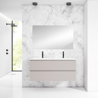 Saniclass Prime Blend Meuble de salle de bain - 120x55x46cm - 2 vasques rectangulaires en céramique blanc - 2 trous de robinet - 2 tiroirs - miroir rectangulaire - mat cotton (beige)