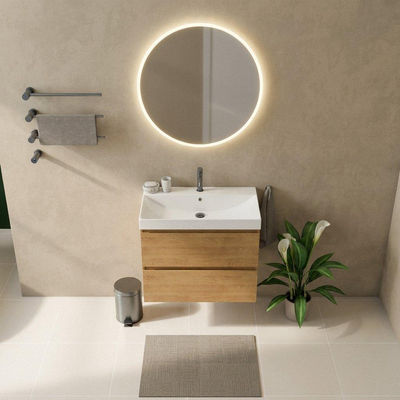 Saniclass Holz Pure Ensemble meuble de salle de bains - 80x45x67.5cm - lavabo Wave en céramique - 1 vasque - 1 trou de robinetterie - 2 tiroirs - chêne naturel mat (bois)