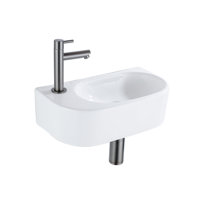 QeramiQ Fuente fonteinset – halfrond – 40x21.5x12 cm – keramiek wit glans – kraangat links – kraan gunmetal