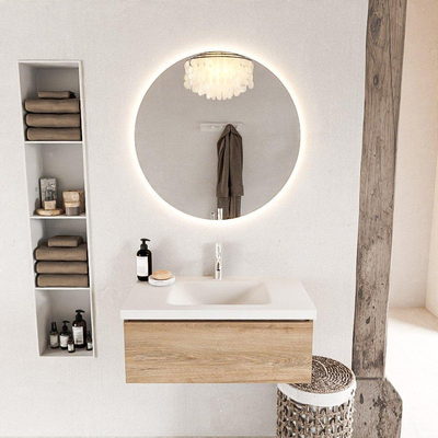 Mondiaz BUKLA Ensemble de meuble - 80x45x34cm - 1 trou de robinet - lavabo centré - solid surface - Talc - sans poignée - 1 tiroir - Mélamine - Chêne blanchi