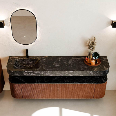 MONDIAZ THOR-DLUX Meuble de salle de bains 190cm arrondi gauche + droite couleur Ruby avec 2 tiroirs et 2 portes. Vasque suspendue CLOUD Gauche 1 trou de robinet couleur Lava.