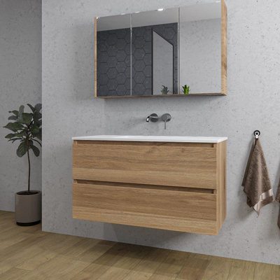 Saniclass Chaci Ensemble meuble de salle de bains - 100x46x55cm - lavabo en céramique blanc - 1 vasque - sans trous de robinet - 2 tiroirs - armoire de toilette - chêne