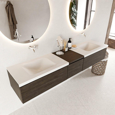 Mondiaz bukla ensemble de meubles de bain 200x45x34cm 0 robinetterie 2 lavabos surface solide talc sans poignée 3 tiroirs avec softclose mélamine marron foncé