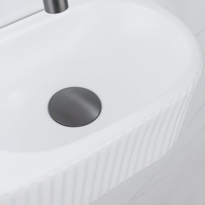 QeramiQ Fuente pack lave-mains – demi-rond – 40 x 21,5 x 12 cm – céramique blanc mat – robinet gunmetal – cannelé