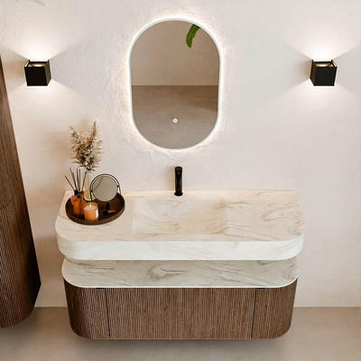 MONDIAZ THOR-DLUX 130cm meuble de salle de bains arrondi gauche + droite couleur Walnut avec 1 tiroir et 2 portes. Vasque suspendue CLOUD Milieu 1 trou de robinet couleur Ostra.