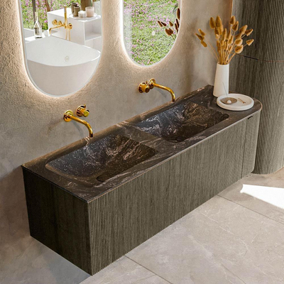 Mondiaz KURVE-DLUX Badkamermeubelset - 145x46x40cm - 1 lade - 1 deur - wastafel solid surface - dubbel / links - zonder kraangat - Shadow