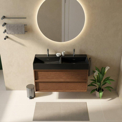 Saniclass Holz Frame Ensemble meuble de salle de bains - 120x45x72cm - Legend lavabo en céramique noir mat - 2 vasques - 2 trous de robinetterie - 2 tiroirs - walnut pure mat (bois)