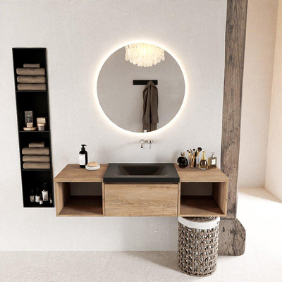 MONDIAZ BUKLA 140cm ensemble de meuble avec module ouvert 40 L+R couleur Chêne blanchi avec 1 tiroir. Lavabo CLOUD milieu 0 trous de robinet couleur Urbain.