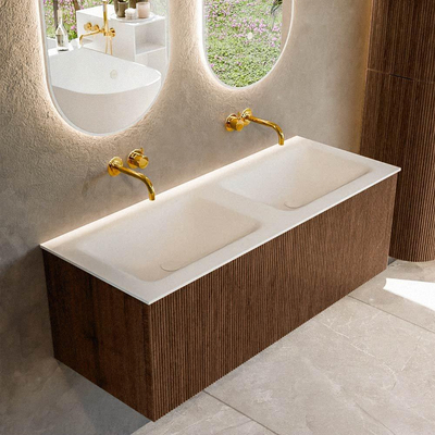 MONDIAZ KURVE 120cm badmeubel kleur Walnut met 1 lade. Wastafel CLOUD dubbel zonder kraangat Talc.