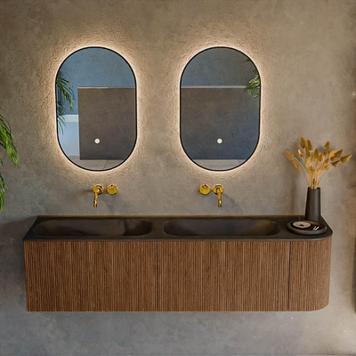 MONDIAZ KURVE 165cm Meuble salle de bain avec module 25 D - couleur Walnut - 2 tiroirs - 1 porte - vasque BIG SMALL double / gauche - sans trous de robinet - Urban