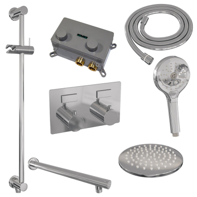 BRAUER Chrome Edition Douche de pluie thermostatique encastrée - boutons poussoirs - SET 67 - pomme de douche 20cm - bras mural droit - douchette 3 jets - flexible de douche - barre de douche intégrée - chrome