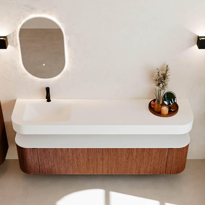 MONDIAZ THOR 190cm meuble de salle de bains arrondi gauche + droite couleur Ruby avec 2 tiroirs et 2 portes. Vasque suspendue CLOUD gauche 1 trou de robinet couleur Talc.