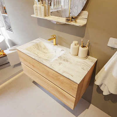 Mondiaz VICA-DLUX Ensemble de meuble de salle de bain - 100cm - meuble sous-vasque chêne blanchi - 2 tiroirs - lavabo encastré cloud gauche - 1 trou de robinet - version haute de 60cm - glace