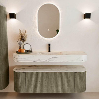 MONDIAZ THOR-DLUX 140cm meuble de salle de bains arrondi gauche + droite couleur Shadow avec 1 tiroir et 2 portes. Vasque suspendue CLOUD Milieu 1 trou de robinet couleur Nata.