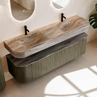 MONDIAZ THOR-DLUX Meuble de salle de bains 170cm arrondi gauche + droite couleur Shadow avec 1 tiroir et 2 portes. Vasque suspendue CLOUD Double 2 trous de robinet couleur Oza.