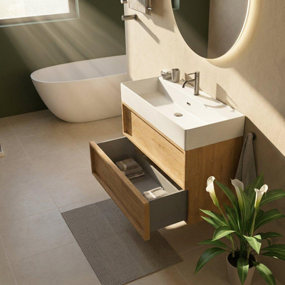 Saniclass Holz Frame Ensemble meuble de salle de bains - 100x45x72cm - lavabo Legend en céramique blanc mat - 1 vasque - 1 trou de robinet - 2 tiroirs - chêne naturel mat (bois)
