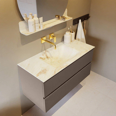 Mondiaz VICA-DLUX ensemble de meuble de salle de bain - 100cm - meuble sous-vasque fumée - 2 tiroirs - lavabo encastré nuage milieu - sans trous de robinet - version haute 60cm - frape