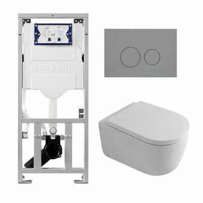QeramiQ Dely Swirl Toiletset - 36.3x51.7cm - Geberit UP320 inbouwreservoir - met Burda frame - 35mm zitting - bedieningsplaat licht grijs - ronde knoppen - mat wit