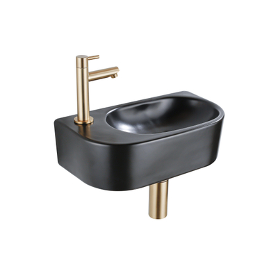 QeramiQ Fuente Fonteinset - 40x21.5x12cm - links - glad - halfrond - 1 kraangat - keramiek - fonteinkraan geborsteld messing - afvoerplug - verlaagd sifon - zwart mat