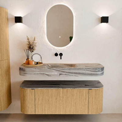 MONDIAZ THOR-DLUX 130cm badmeubel ronding links + rechts kleur Oak met 1 lade en 2 deuren. Vrijhangende wastafel CLOUD Midden zonder kraangat kleur Sombra.