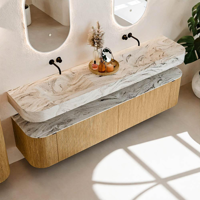 MONDIAZ THOR-DLUX Meuble de salle de bains - 200cm - arrondi gauche + droite - couleur Oak - 2 tiroirs et 2 portes - Vasque suspendue CLOUD Double sans trou de robinet - couleur Glace