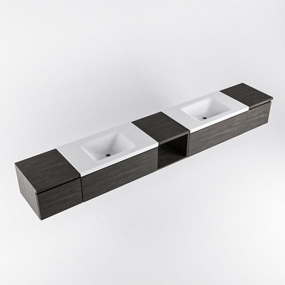 MONDIAZ BUKLA 280cm ensemble de meuble avec module ouvert 40 au milieu couleur Marron Foncé avec 4 tiroirs. Lavabo CLOUD double 0 trous de robinet couleur Talc.