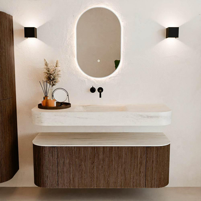 MONDIAZ THOR-DLUX 130cm badmeubel ronding links + rechts kleur Walnut met 1 lade en 2 deuren. Vrijhangende wastafel CLOUD Midden zonder kraangat kleur Meli.