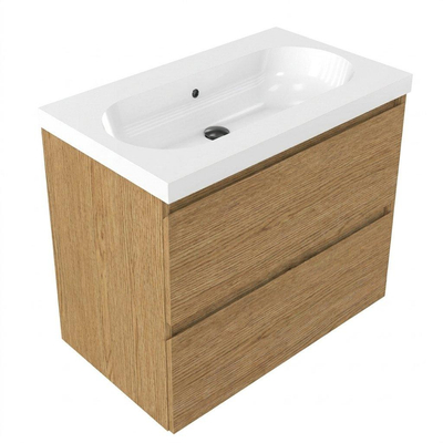 Saniclass Holz Pure Ensemble meuble de salle de bains - 80x45x63.5cm - lavabo Palermo en céramique blanc - 1 vasque - sans trou de robinetterie - 2 tiroirs - chêne naturel mat (bois)