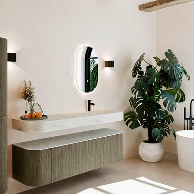 MONDIAZ THOR-DLUX 160cm meuble de salle de bains arrondi gauche + droite couleur Shadow avec 1 tiroir et 2 portes. Vasque suspendue CLOUD Droite 1 trou de robinet couleur Opalo.