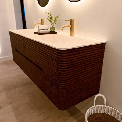 Mondiaz CIRO-DLUX Badkamermeubelset - 150x45x50cm - Solid surface wastafel Meli - 2 wasbak Dubbel - 2 kraangaten - 4 lades - Ruby