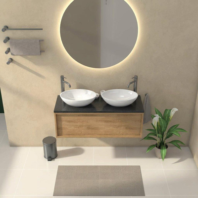 Saniclass Holz Frame Ensemble de meubles de salle de bains - 120x45x43cm - plan vasque en basalte Noche poli (noir) - 2 trous de robinetterie - 1 tiroir - chêne natural mat (bois)