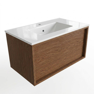 Saniclass Holz Frame Ensemble meuble de salle de bains - 80x45x42cm - lavabo Vygo en céramique blanc - 1 vasque - 1 trou de robinetterie - 1 tiroir - noyer pure mat (bois)