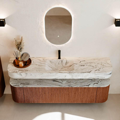 MONDIAZ THOR-DLUX 180cm meuble de salle de bains arrondi gauche + droite couleur Ruby avec 2 tiroirs et 2 portes. Vasque suspendue CLOUD Milieu 1 trou de robinet couleur Glace.