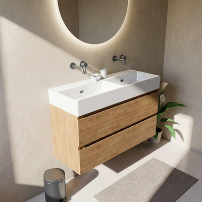 Saniclass Holz Pure Ensemble de meubles de salle de bains - 120x45x72cm - lavabo Legend en céramique blanc - 2 vasques - sans trous de robinetterie - 4 tiroirs - chêne natural mat (bois)