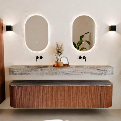 MONDIAZ THOR-DLUX 190cm meuble de salle de bains arrondi gauche + droite couleur Ruby avec 2 tiroirs et 2 portes. Vasque suspendue CLOUD Double sans trou de robinet couleur Oza.