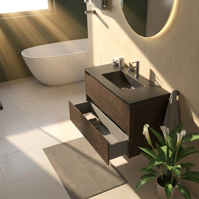 Saniclass Holz Pure Ensemble de meubles de salle de bains - 100x45x62cm - lavabo en céramique Vygo noir - 1 vasque - 1 trou de robinetterie - 2 tiroirs - chêne charcoal mat (bois)