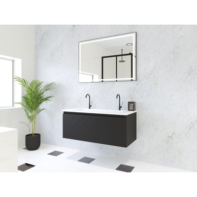 HR Matrix ensemble meuble de salle de bain 3d 100cm 1 tiroir sans poignée avec bandeau couleur noir mat avec vasque fine 2 trous de robinetterie blanc