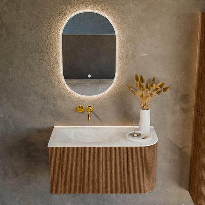 MONDIAZ KURVE-DLUX 85cm Meuble salle de bain avec module 25 D - couleur Walnut - 1 tiroir - 1 porte - vasque CLOUD gauche - sans trou de robinet - couleur Opalo