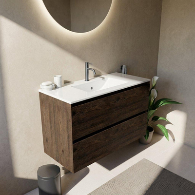 Saniclass Holz Pure Ensemble de meubles de salle de bains - 100x45x62cm - lavabo Vygo en céramique blanc - 1 vasque - 1 trou de robinetterie - 2 tiroirs - chêne charcoal mat (bois)