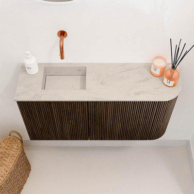 Mondiaz JOYA-DLUX 81.6cm toiletmeubel - ronding rechts kleur Walnut - Wastafel FAYE positie Links Zonder kraangat kleur Opalo.