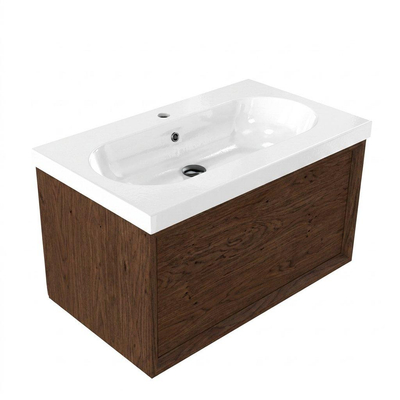 Saniclass Holz Frame Ensemble meuble de salle de bains - 80x45x43.5cm - lavabo en céramique Palermo blanc - 1 vasque - 1 trou de robinet - 1 tiroir - noyer pur mat (bois)