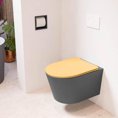 Mondiaz LAVIE hangtoilet – spoelrandloos – 36 x 53 cm – met softclose zitting – Dark grey (grijs), zitting Ocher (geel)