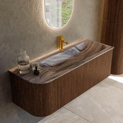 MONDIAZ KURVE-DLUX Meuble de salle de bains 125cm arrondi à gauche couleur Walnut avec 1 tiroir et 1 porte. Lavabo BIG MEDIUM à droite 1 trou de robinet Sombra.