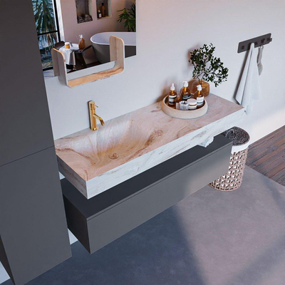 Mondiaz ALAN-DLUX Ensemble de meuble - 130cm - meuble Plata mat - 1 tiroir - Lavabo Cloud Frappe suspendu - vasque Gauche - 1 trou de robinet