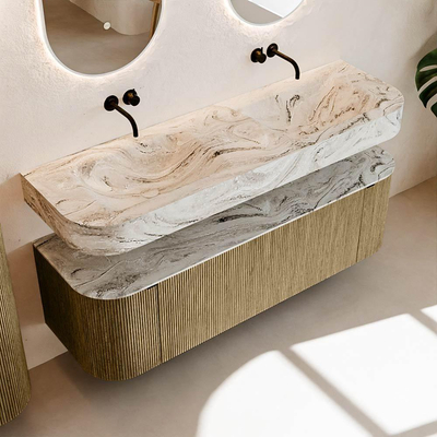 MONDIAZ THOR-DLUX 150cm meuble de salle de bains arrondi gauche + droite couleur Dusk avec 1 tiroir et 2 portes. Vasque suspendue CLOUD Double sans trou de robinet couleur Glace.