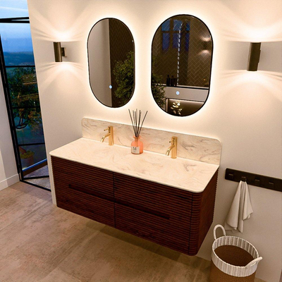 Mondiaz CIRO-DLUX Badkamermeubelset - 130x45x50cm - Solid surface wastafel Ostra - 2 wasbak Dubbel - 2 kraangaten - 4 lades - Ruby