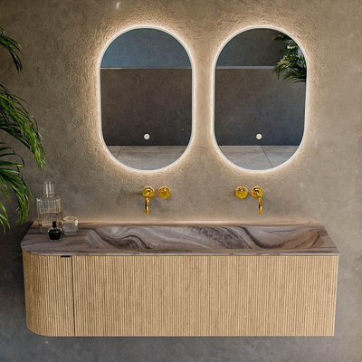 MONDIAZ KURVE-DLUX Meuble de salle de bains 145cm arrondi à gauche couleur Chêne avec 1 tiroir et 1 porte. Lavabo BIG LARGE à droite sans trou de robinet Sombra.