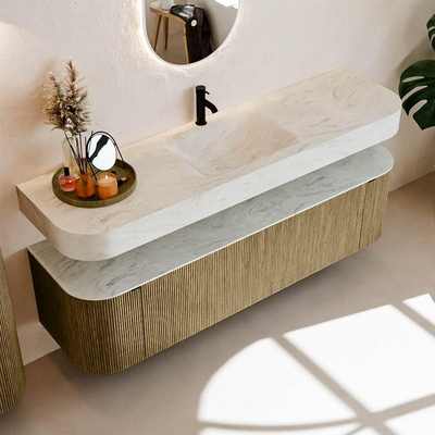 MONDIAZ THOR-DLUX Meuble de salle de bains 170cm arrondi gauche + droite couleur Dusk avec 1 tiroir et 2 portes. Vasque suspendue CLOUD Milieu 1 trou de robinet couleur Opalo.